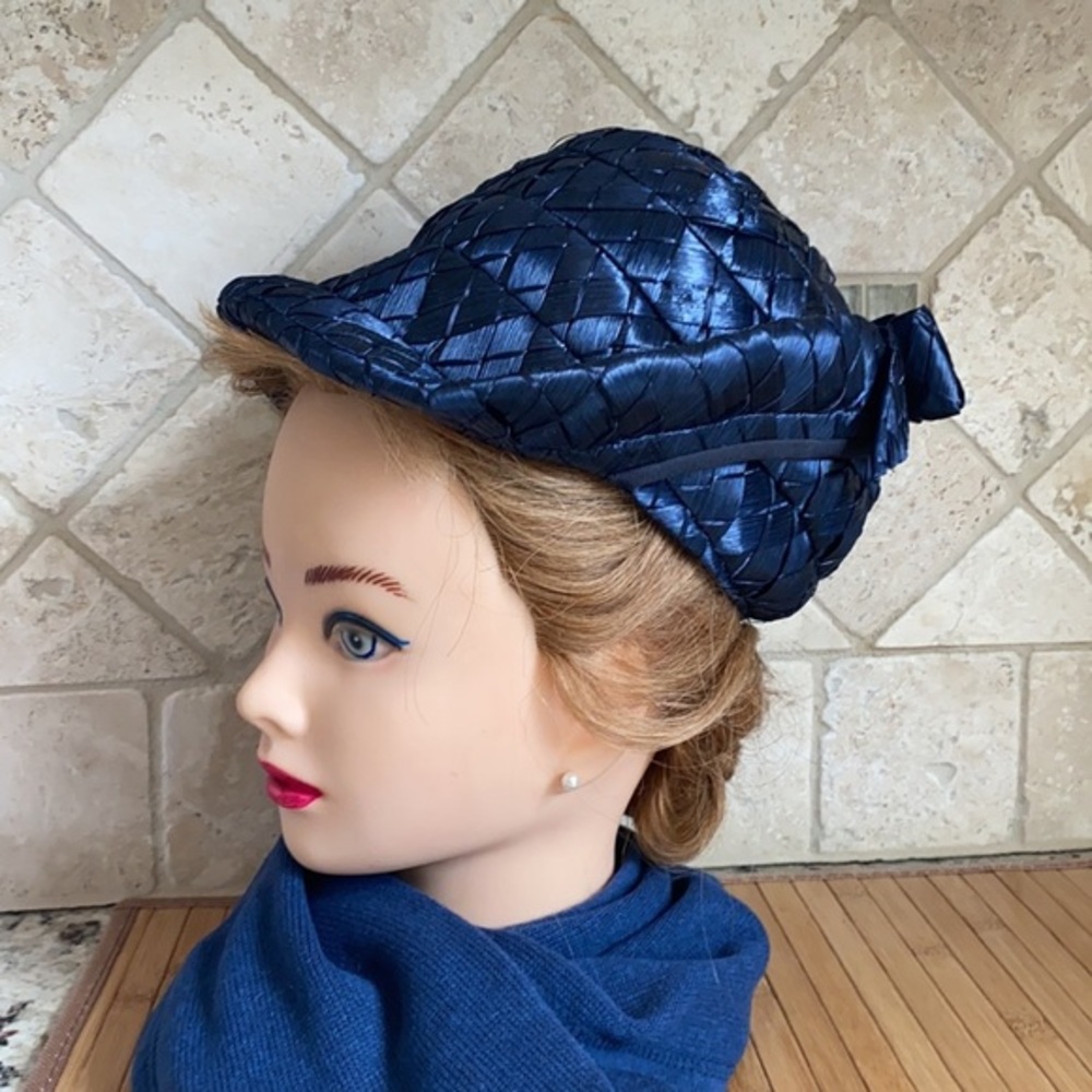 Vintage MCM Blue Straw Hat Dolly Madison